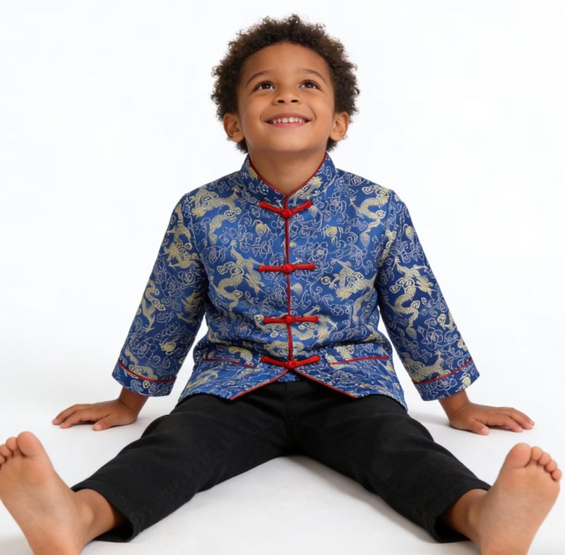 SZCQ Little Boys Dragon Tang Coat Long Sleeve Chinese Clothing Children Costumes Boy Jackets Outfit Tops (Blue, 10) - Image 3